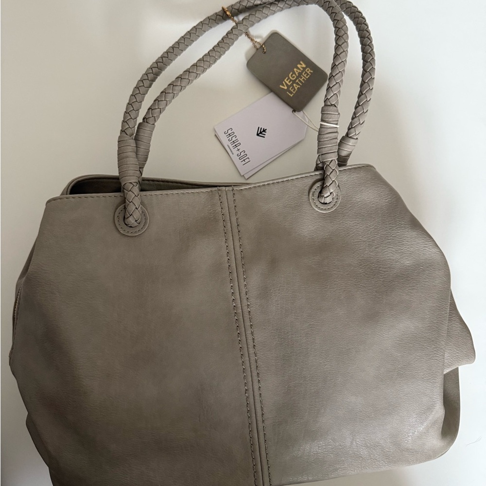 Spacious Gray Leather Tote with Braided Handles